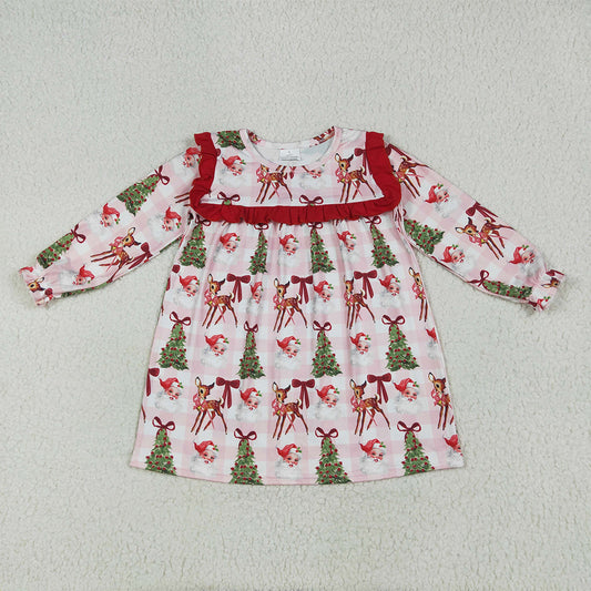 8.15 GLD1092 RTS NO MOQ Baby Girls Winter Dress Baby Girls Plaid Long Ruffle Sleeves Santa Trees Knee Length Dresses