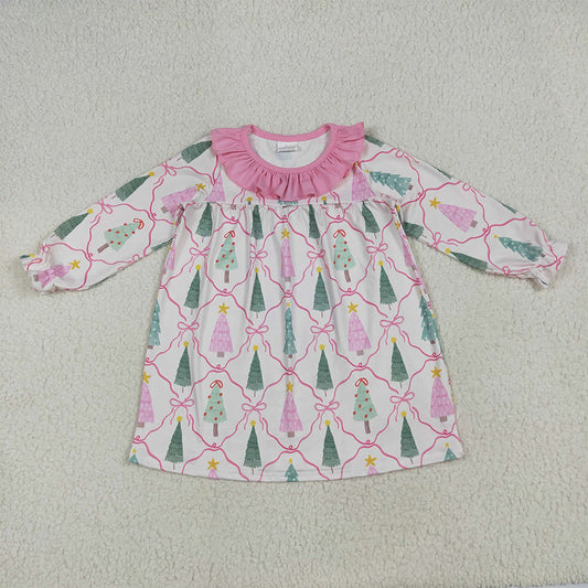 8.15 GLD1093 RTS NO MOQ Baby Girls Winter Dress baby girl clothes Christmas trees bow pink long sleeve dress