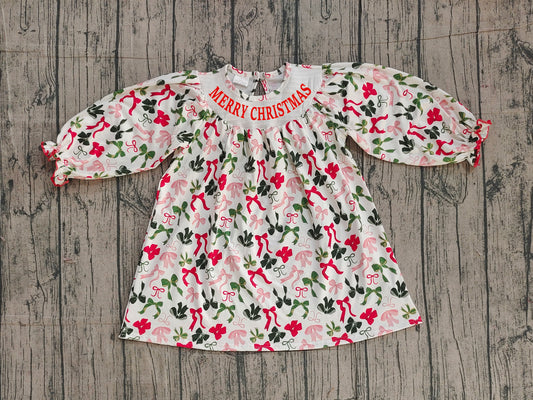 11.29 GLD1094 Sample No Moq Baby Girls Smocked Embroidery Merry Christmas Colorful Bows Knee Length