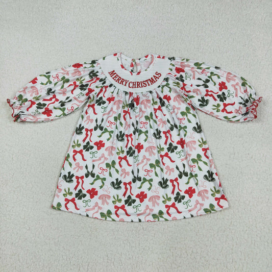RTS NO MOQ （In stock）GLD1094 Baby Girls Winter Dress Baby Girls Smocked Embroidery Merry Christmas Colorful Bows Knee Length Dresses