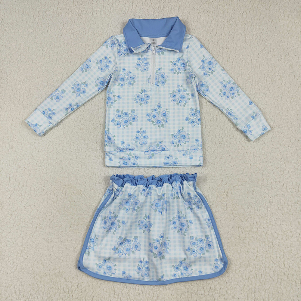 RTS NO MOQ （In stock） GLD1097 Baby Girls Yoga Outfits Baby Girls Long Sleeves Blue Flowers Plaid Zipper Top Skorts Yoga Sets