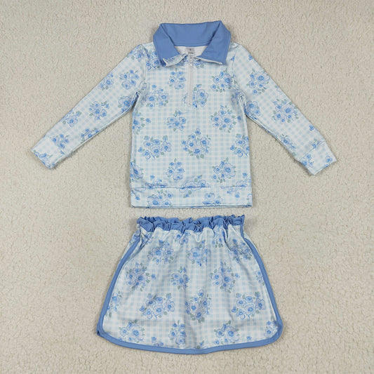 RTS NO MOQ （In stock） GLD1097 Baby Girls Yoga Outfits Baby Girls Long Sleeves Blue Flowers Plaid Zipper Top Skorts Yoga Sets