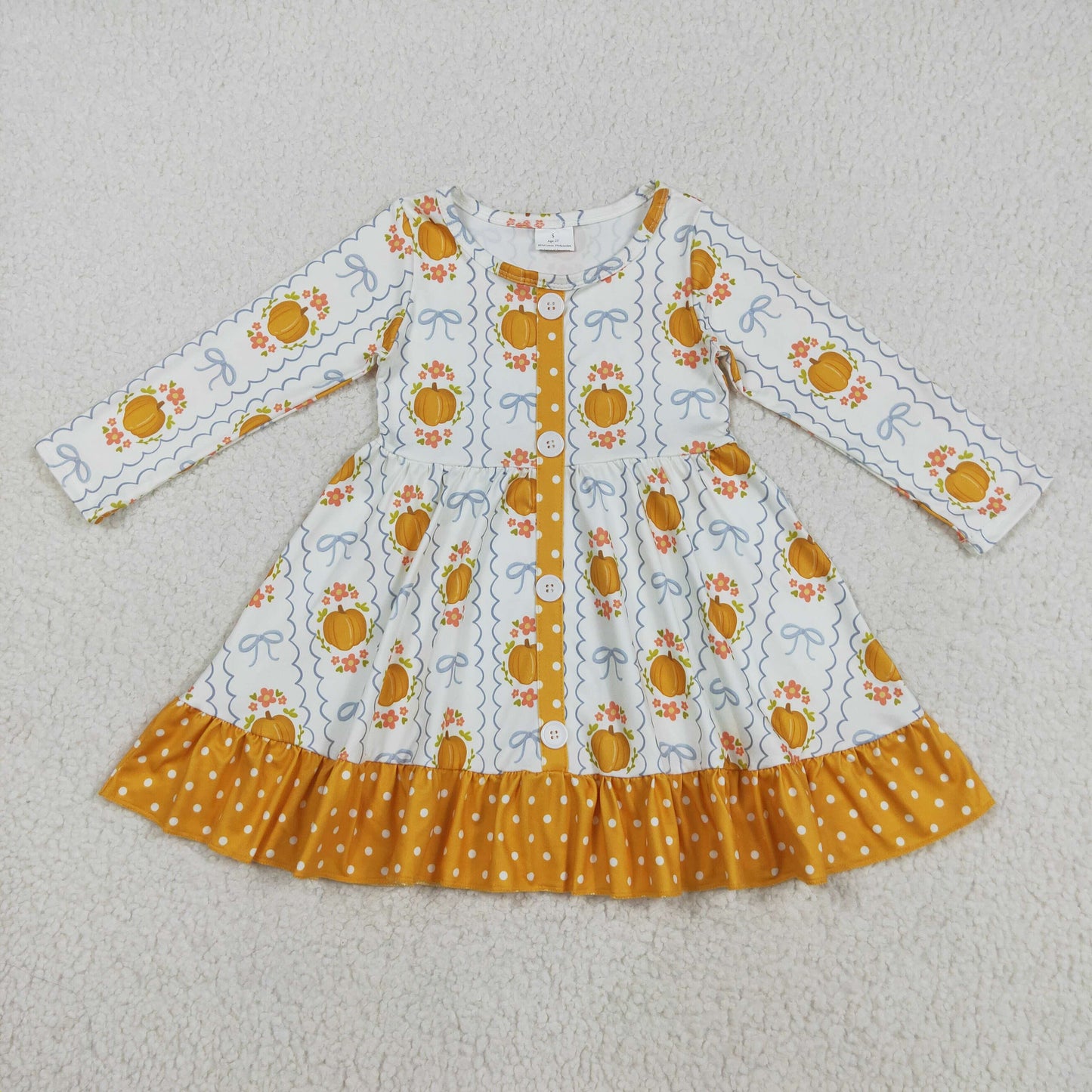RTS NO MOQ （In stock）GLD1111 Baby Girls Winter Dress Baby Girls Long Sleeves Pumpkins Bows Plaid Button Ruffle Knee Length Dresses