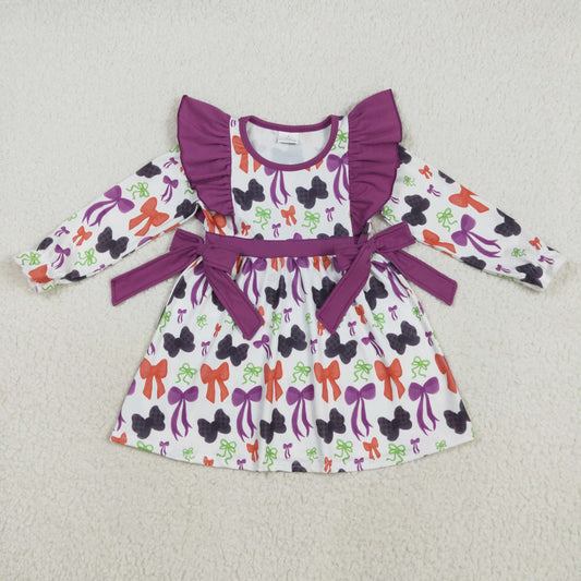 RTS NO MOQ （In stock）GLD1113 Baby Girls Winter Dress Baby Girls Halloween Colorful Bows Knee Length Dresses