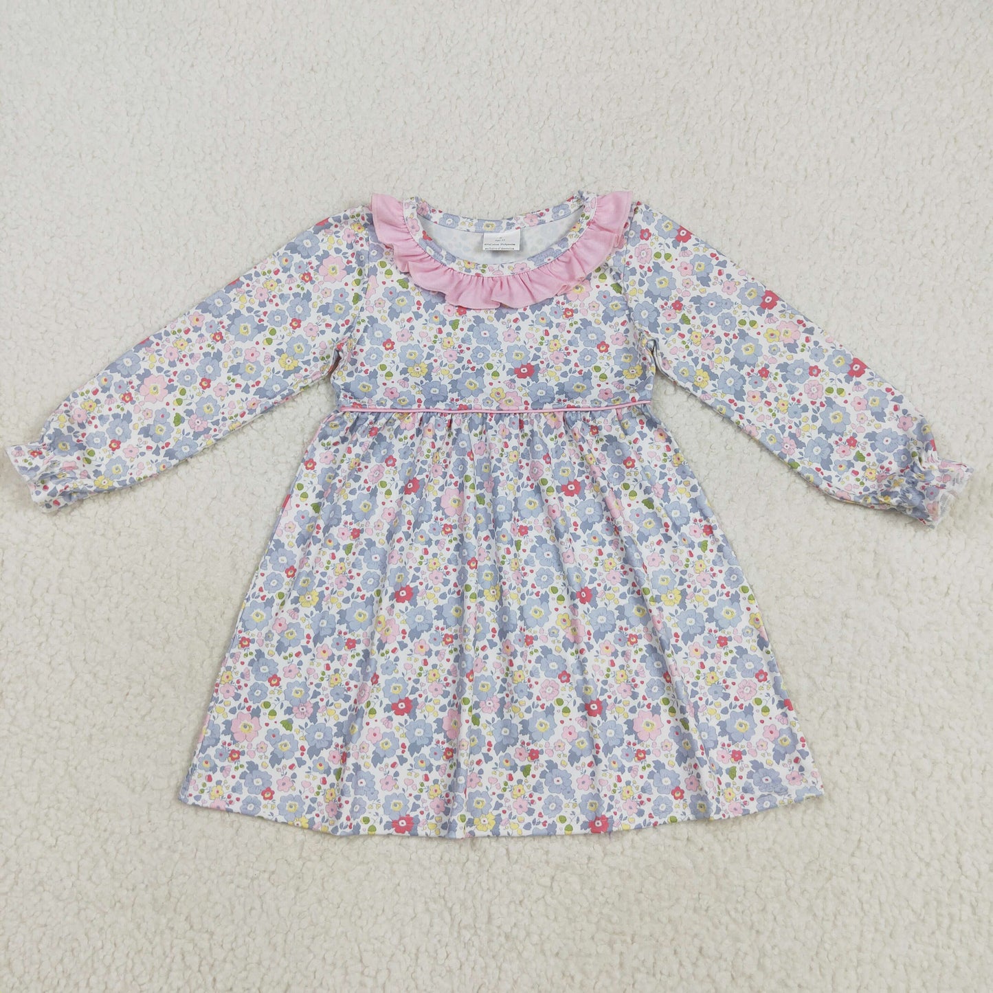 RTS NO MOQ （In stock）GLD1120 Baby Girls Winter Dress Baby Girls Fall Pink Blue Floral Flowers Knee Length Dresses