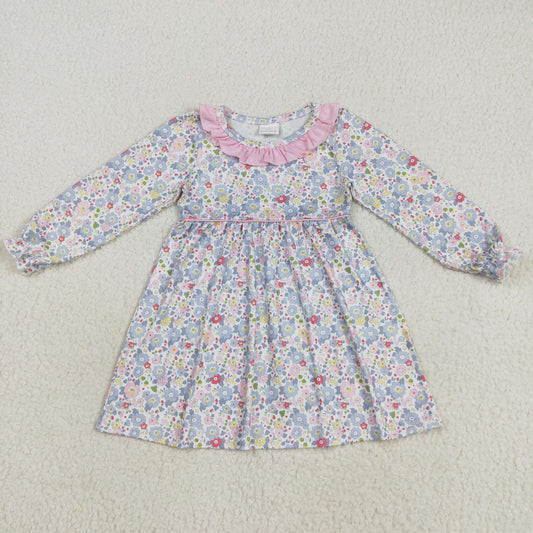 RTS NO MOQ （In stock）GLD1120 Baby Girls Winter Dress Baby Girls Fall Pink Blue Floral Flowers Knee Length Dresses