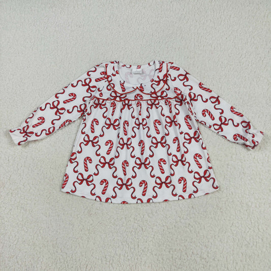 RTS NO MOQ （In stock）GLD1130 Baby Girls Winter Dress Baby Girls Christmas Red Bows Candy Cane Knee Length Dresses