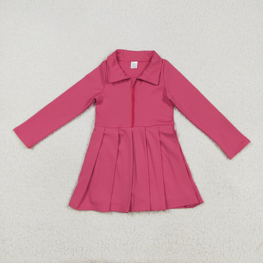 RTS NO MOQ （In stock）GLD1146 Baby Girls Yoga Dress Baby Girls Hotpink Long Sleeves Zipper Yoga Pleated Knee Length Dresses