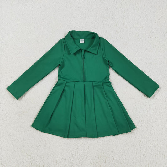 RTS NO MOQ （In stock）GLD1148 Baby Girls Yoga Dress Baby Girls Green Long Sleeves Zipper Yoga Athletic Knee Length Dresses