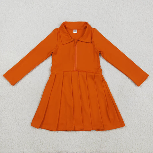 RTS NO MOQ （In stock）GLD1149 Baby Girls Yoga Dress Baby Girls Orange Long Sleeves Zipper Knee Length Dresses