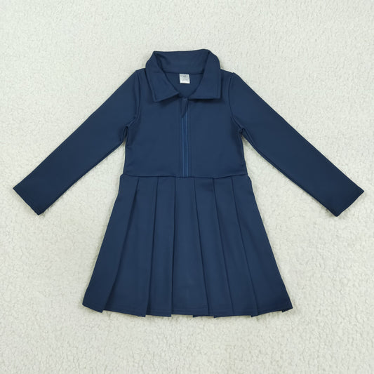 RTS NO MOQ （In stock）GLD1151 Baby Girls Yoga Dress Baby Girls Navy Long Sleeves Zipper Yoga Knee Length Dresses