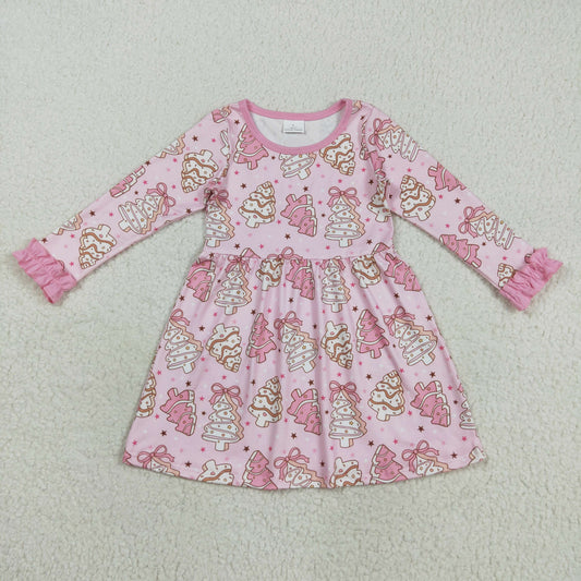 RTS NO MOQ （In stock）GLD1124Baby Girls Winter Dress Baby Girls Christmas Tree Cake Pink Long Sleeve Dress