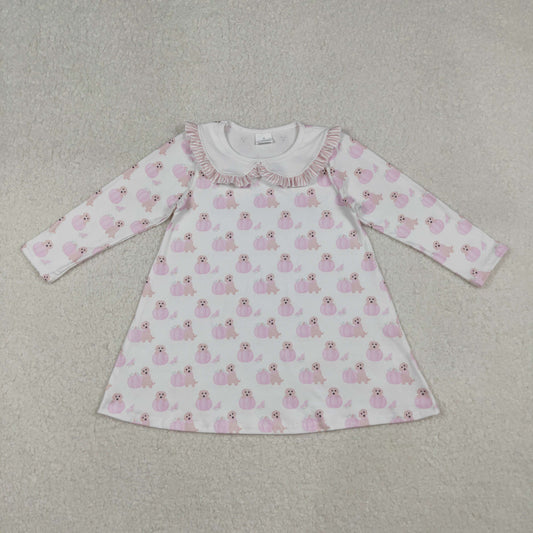 9.27 RTS NO MOQ （In stock）GLD1157 Baby Girls Winter Dress Baby Girls Pink Dog Pumpkins Fall Knee Length Dresses