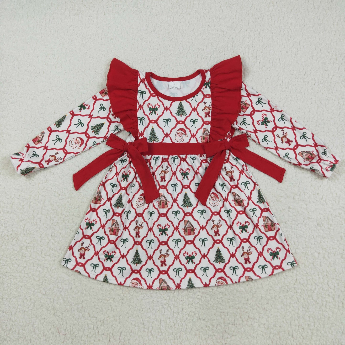 RTS NO MOQ （In stock）GLD1158 Baby Girls Winter Dress Baby Girls Christmas Deers Bows Trees Knee Length Dresses