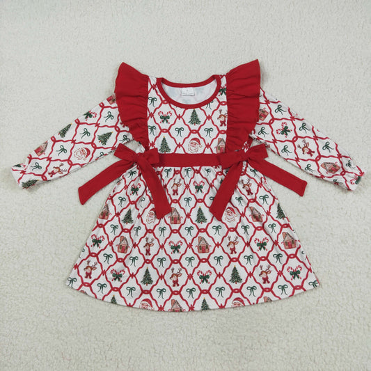 RTS NO MOQ （In stock）GLD1158 Baby Girls Winter Dress Baby Girls Christmas Deers Bows Trees Knee Length Dresses