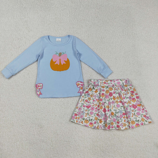 RTS NO MOQ （In stock）GLD1172 Baby Girls Skirt Sets Blue Long Sleeves Bows Pumpkin Top with Flowers Skorts Children's Outfit Set