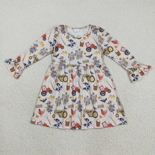 RTS NO MOQ （In stock）GLD1196 Baby Girls Winter Dress Baby Girls Long Ruffle Sleeves Trucks Chicks Farm Knee Length Dresses