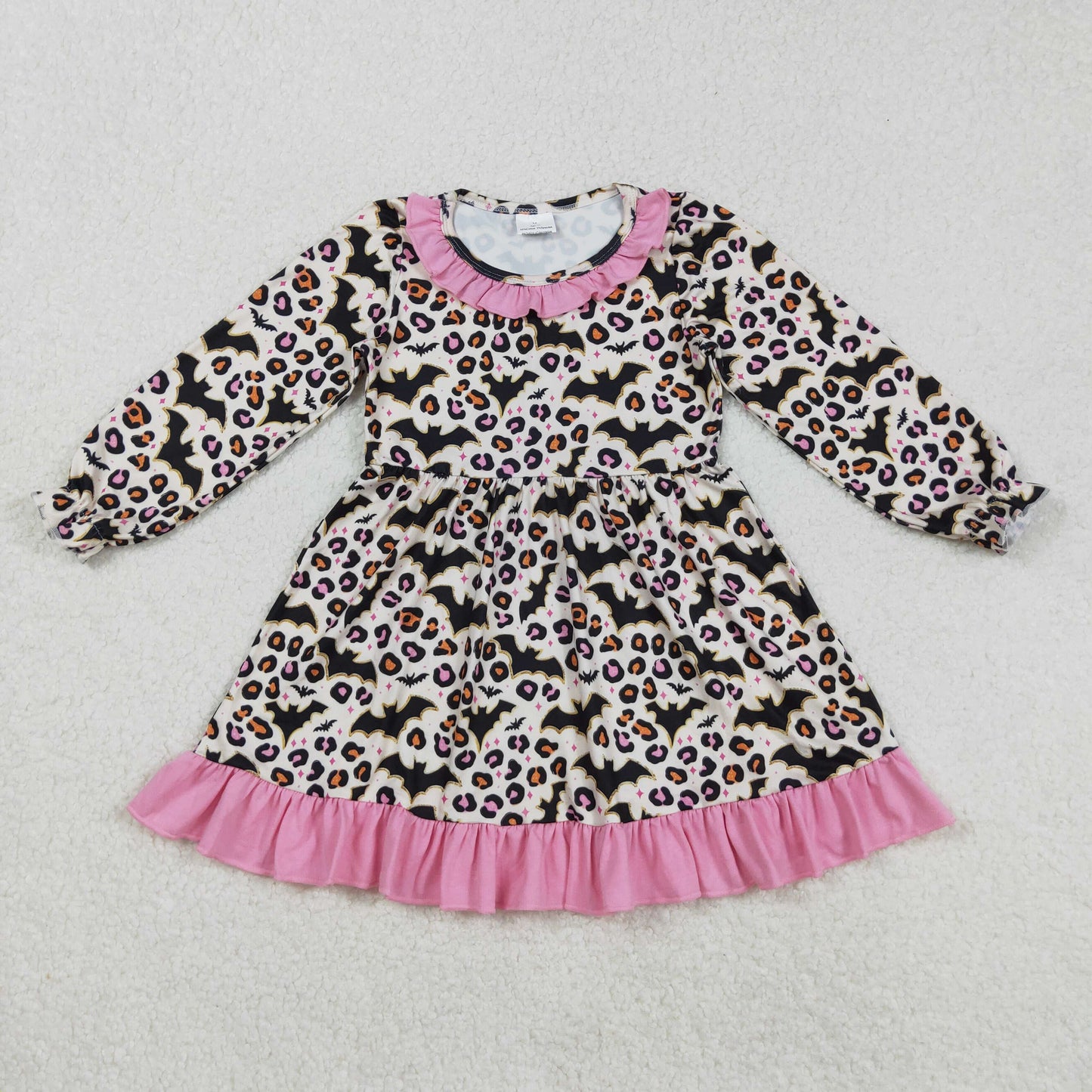 RTS NO MOQ （In stock）GLD1224 Baby Girls Winter Dress Halloween Leopard Bats Knee-Length Dress