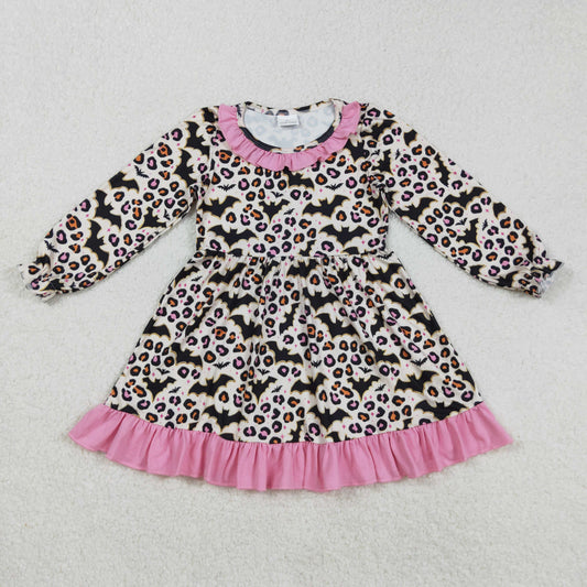 RTS NO MOQ （In stock）GLD1224 Baby Girls Winter Dress Halloween Leopard Bats Knee-Length Dress
