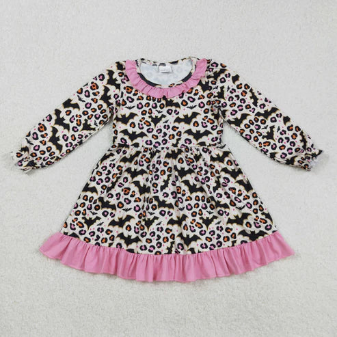 9.23 RTS Sibling Baby Girls Bats Leopard Halloween Ruffle Knee Length Dresses Romper