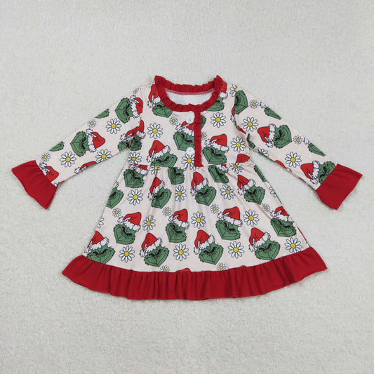 RTS NO MOQ （In stock）GLD1230 Baby Girls Winter Dress Button Christmas Green Face Flowers Knee Length Dress