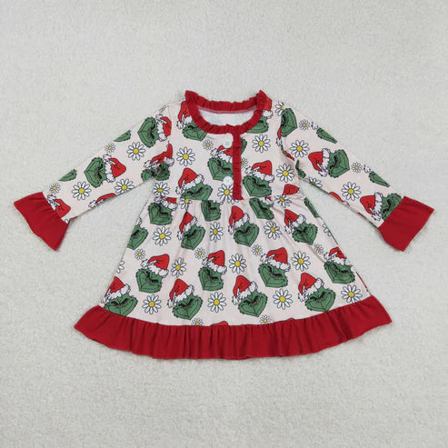 9.24 RTS Sibling Baby Girls Christmas Green Face Daisy Pajamas Set Zipper Footie Romper Knee Length Dress