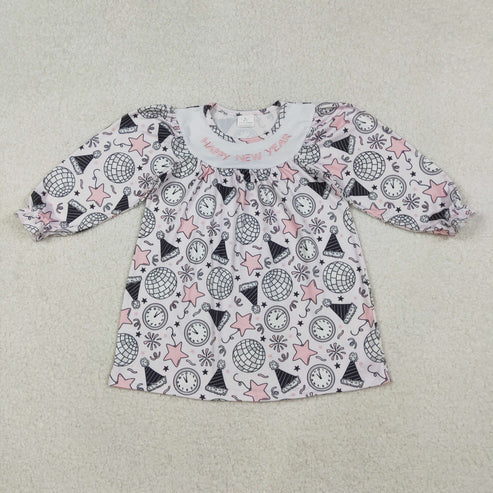 10.17 RTS Sibling Embroidery Happy New Year Baby Girls Knee Length Dresses Ruffle Rompers