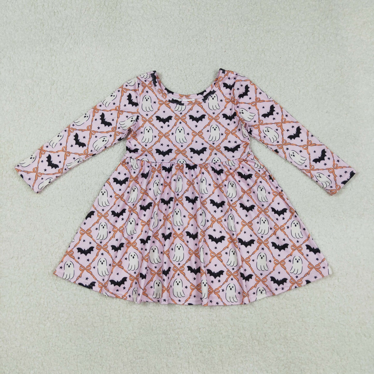 RTS NO MOQ （In stock）GLD1232 Baby Girls Winter Dress  Long Sleeve Ghost Bow Halloween Costume Dress