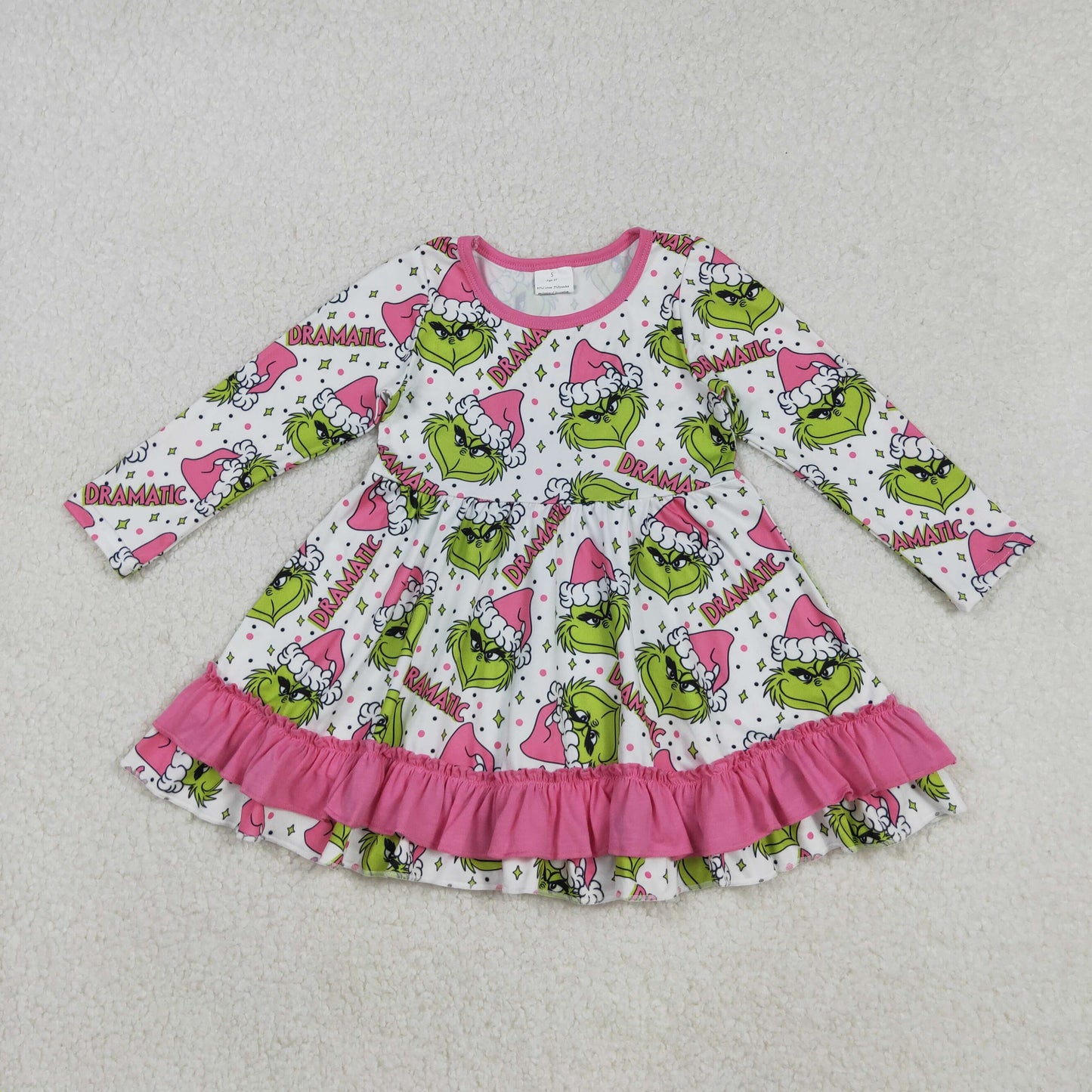 RTS NO MOQ （In stock）GLD1234 Baby Girls Winter Dress Girls Green-faced Long-Sleeve Dress with Pink Ruffle Christmas Hat Cute Children's Outfit