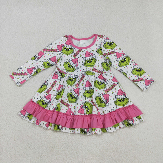 RTS NO MOQ （In stock）GLD1234 Baby Girls Winter Dress Girls Green-faced Long-Sleeve Dress with Pink Ruffle Christmas Hat Cute Children's Outfit