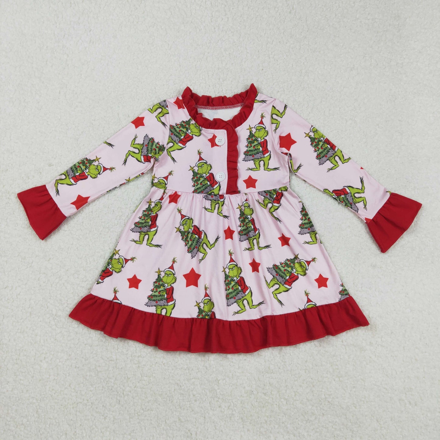 RTS NO MOQ （In stock）GLD1236 Baby Girls Winter Dress  Long Sleeve Christmas Night Dress Red Stars Green Face Festive Holiday Party Dress