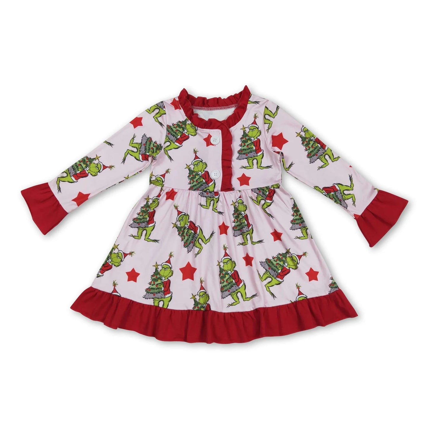 10.13 RTS Sibling Baby Girls Grin Trees Lights Christmas Ruffle Knee Length Dresses