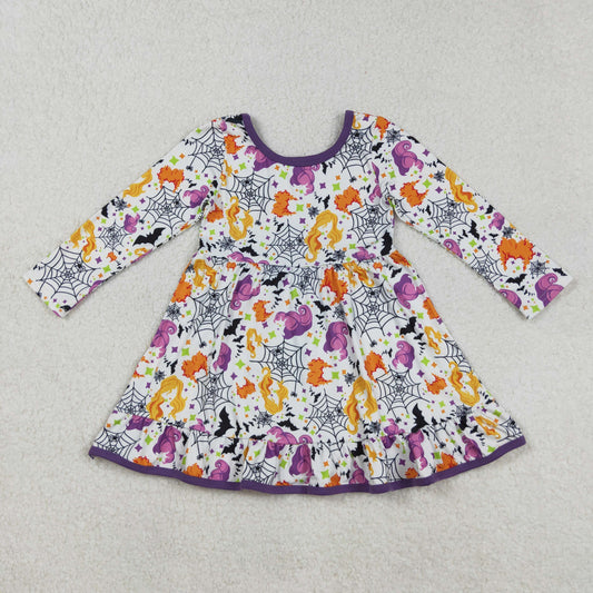 RTS NO MOQ （In stock）GLD1249 Baby Girls Winter Dress  Halloween Ruffle Knee-Length Dress Cartoon Spider Theme Cute And Spooky Halloween Costume