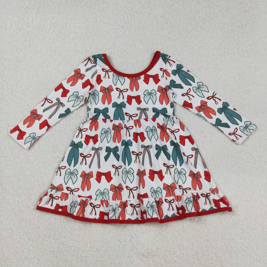 RTS NO MOQ （In stock）GLD1250 Baby Girls Winter Dress Green Red Bows Plaid Christmas Ruffle Knee Length Dresses