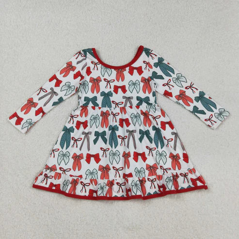 9.24 RTS Sibling Baby Girls Green Red Bows Long Sleeves Christmas Knee Length Dresses