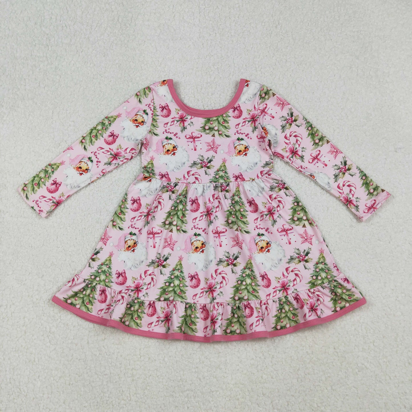 9.30 RTS NO MOQ （In stock）GLD1252 Baby Girls Winter Dress Baby Girls Santa Candy Cane Christmas Trees Ruffle Knee Length Dresses