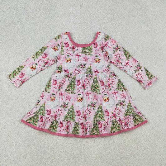 9.30 RTS NO MOQ （In stock）GLD1252 Baby Girls Winter Dress Baby Girls Santa Candy Cane Christmas Trees Ruffle Knee Length Dresses