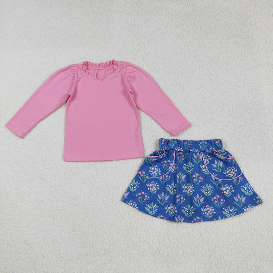 RTS NO MOQ （In stock）GLD1256 Baby Girls Skirt Sets Pink Long Sleeve Floral Top with Pockets for Girls Children's ClothingSet Skirt
