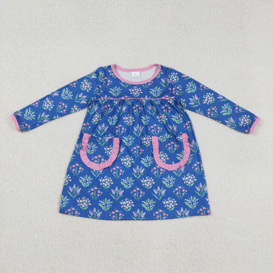 RTS NO MOQ （In stock）GLD1257 Baby Girls Winter Dress Knee-Length Dress with Blue Flowers And Pockets Cute Child's Fashion Outfit