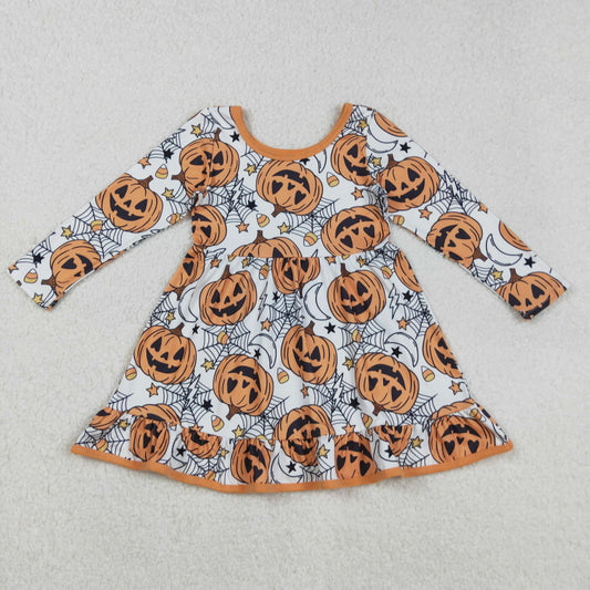 RTS NO MOQ （In stock）GLD1258 Baby Girls Winter Dress Halloween Ghost And Pumpkins Ruffle Knee-Length Dresses
