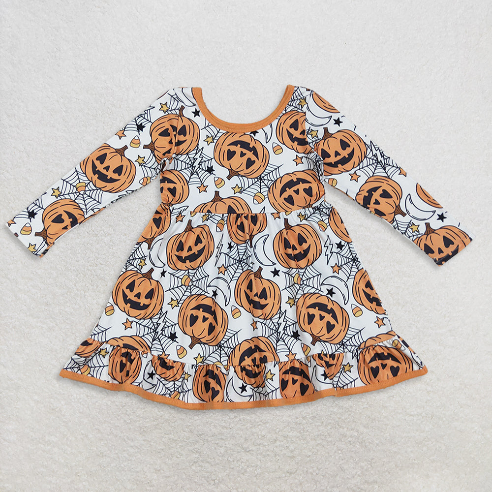 RTS Sibling Baby Girls Winter Outfits Orange Long Sleeve Halloween Pajamas with Pumpkin And Spider Design