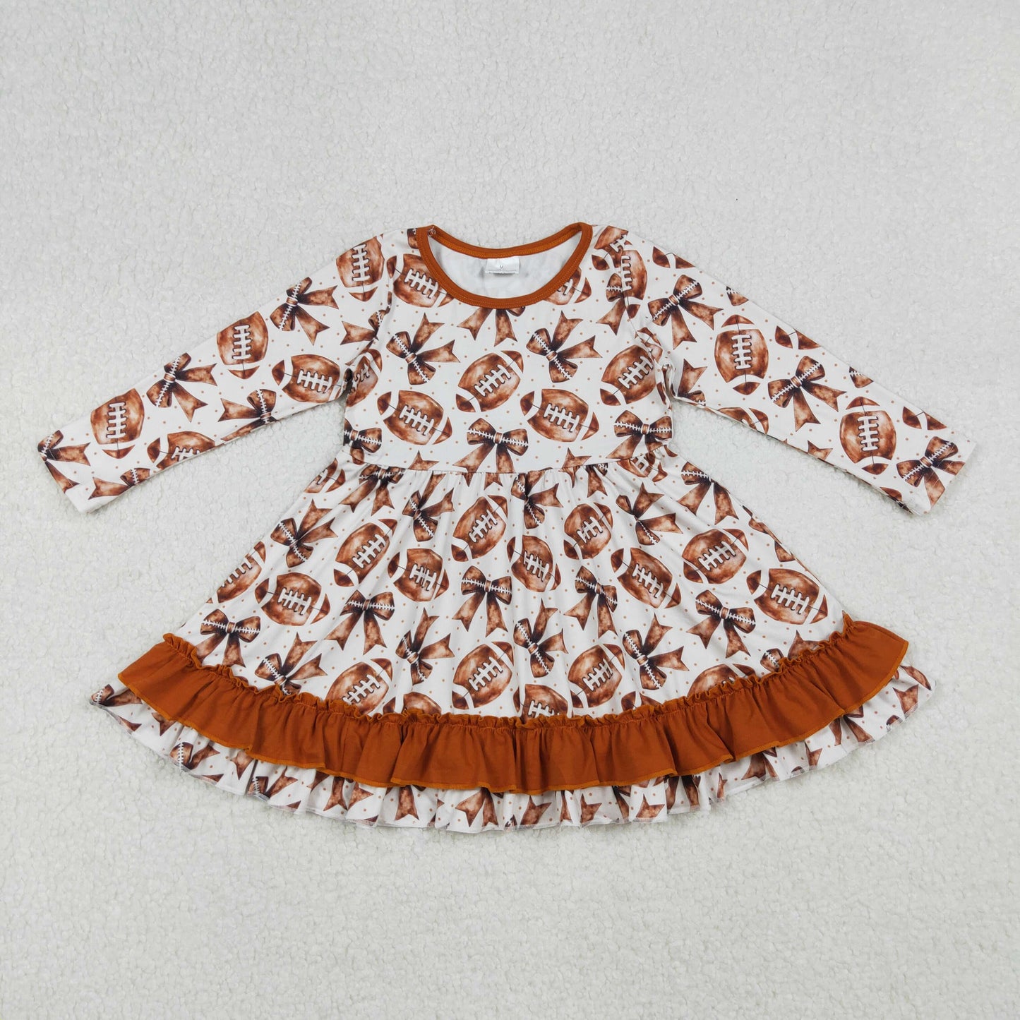 9.27 RTS NO MOQ （In stock）GLD1268 Baby Girls Winter Dress Baby Girls Footballs Bows Plaid Team Ruffle Knee Length Dresses