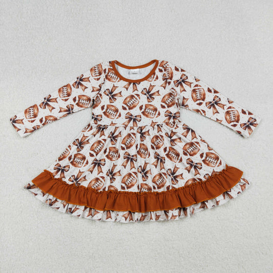 9.27 RTS NO MOQ （In stock）GLD1268 Baby Girls Winter Dress Baby Girls Footballs Bows Plaid Team Ruffle Knee Length Dresses