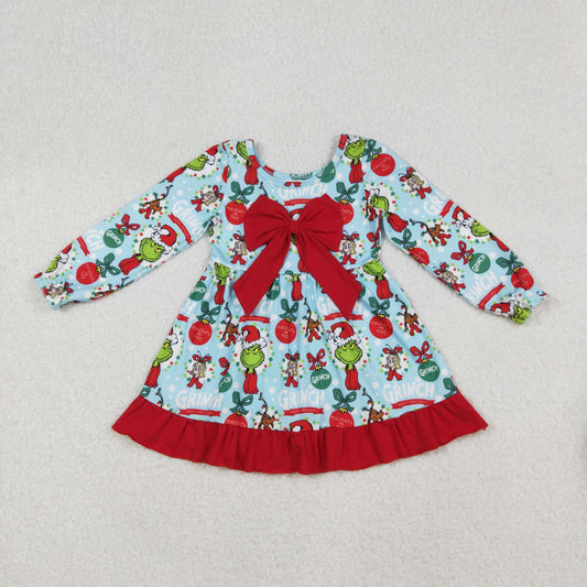 RTS NO MOQ （In stock）GLD1269 Baby Girls Winter Dress Christmas Green Face Bows Holly Big Bow Knee Length Dresses