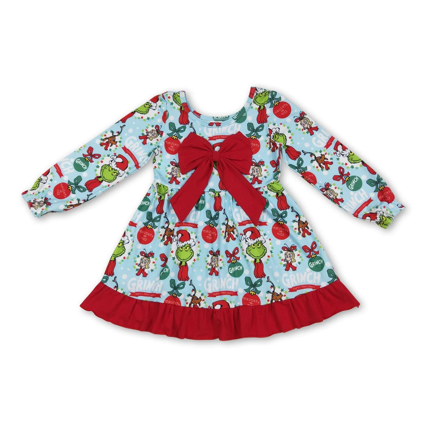 10.13 RTS Sibling Baby Girls Grin Trees Lights Christmas Ruffle Knee Length Dresses