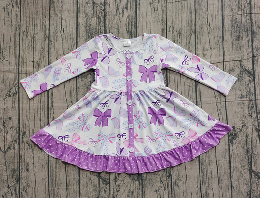 11.5 GLD1271 Sample No Moq Baby Girls Purple Bows Plaid Button Ruffle Knee Length Dresses
