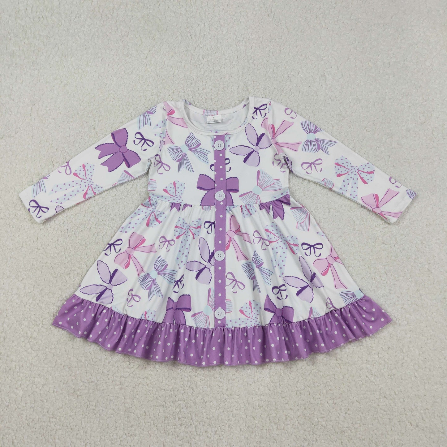 12.5 RTS NO MOQ （In stock）GLD1271 Baby Girls Winter Dress Baby Girls Purple Bows Button Ruffle Knee Length Dresses