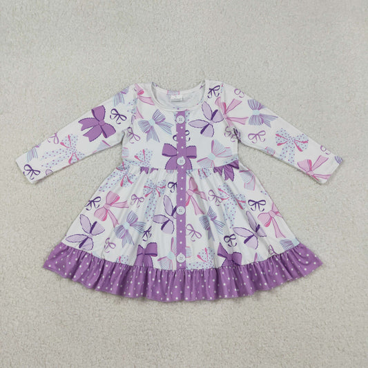 12.5 RTS NO MOQ （In stock）GLD1271 Baby Girls Winter Dress Baby Girls Purple Bows Button Ruffle Knee Length Dresses