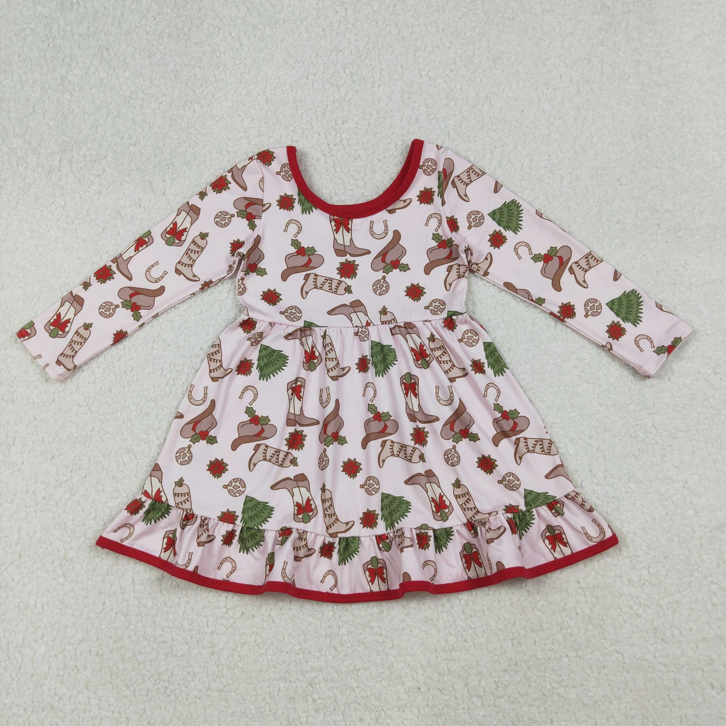 RTS NO MOQ （In stock）GLD1274 Baby Girls Winter Dress Boots Holly Christmas Ruffle Knee Length Dresses