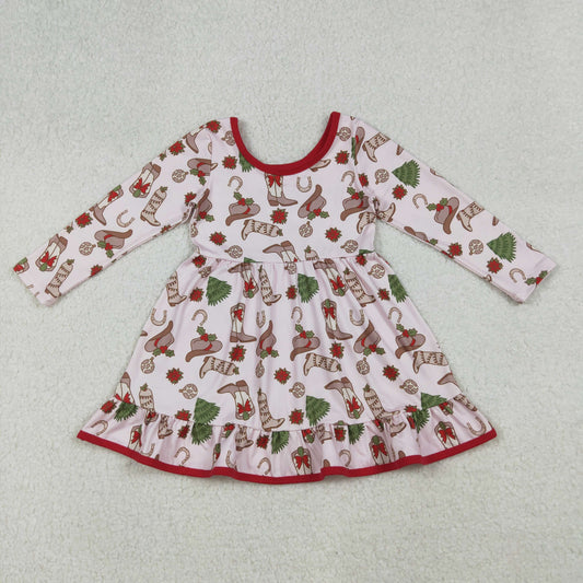 RTS NO MOQ （In stock）GLD1274 Baby Girls Winter Dress Boots Holly Christmas Ruffle Knee Length Dresses